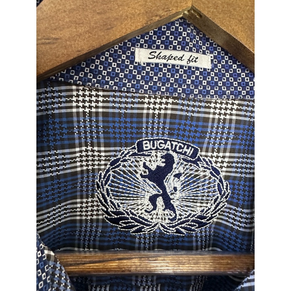 Bugatchi Shaped Fit Plaid Button Down Shirt Blue White Men's Size Large Cotton - Picture 6 of 10